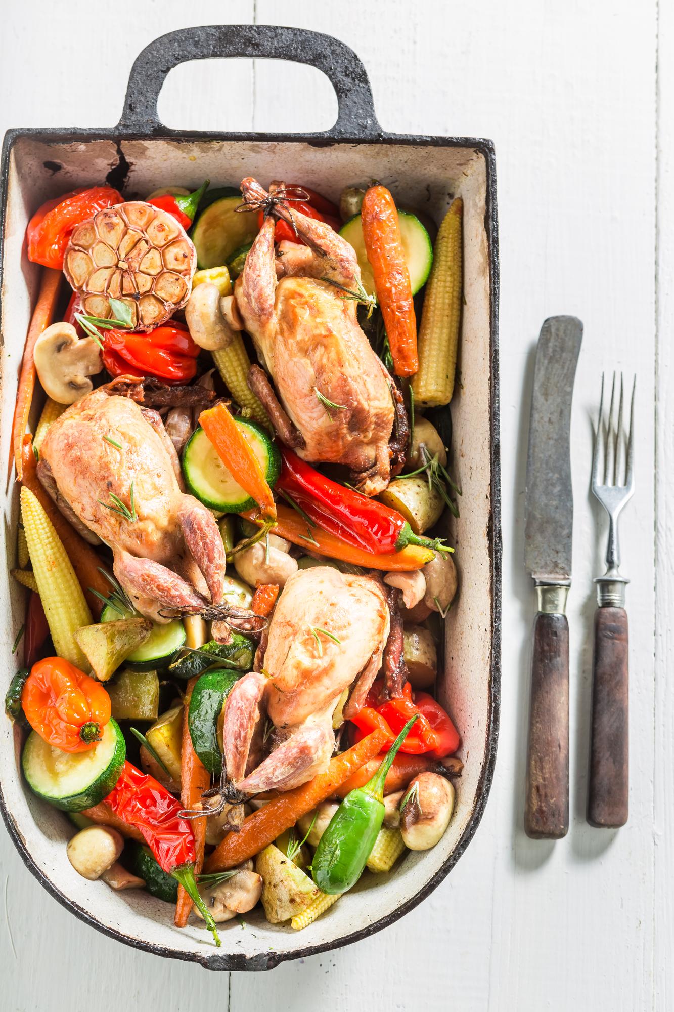One-pan roasted vegetables and chicken